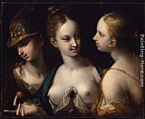 Johann Von Strasioipka Canon Paintings - Pallas Athena, Venus and Juno by Hans von Aachen